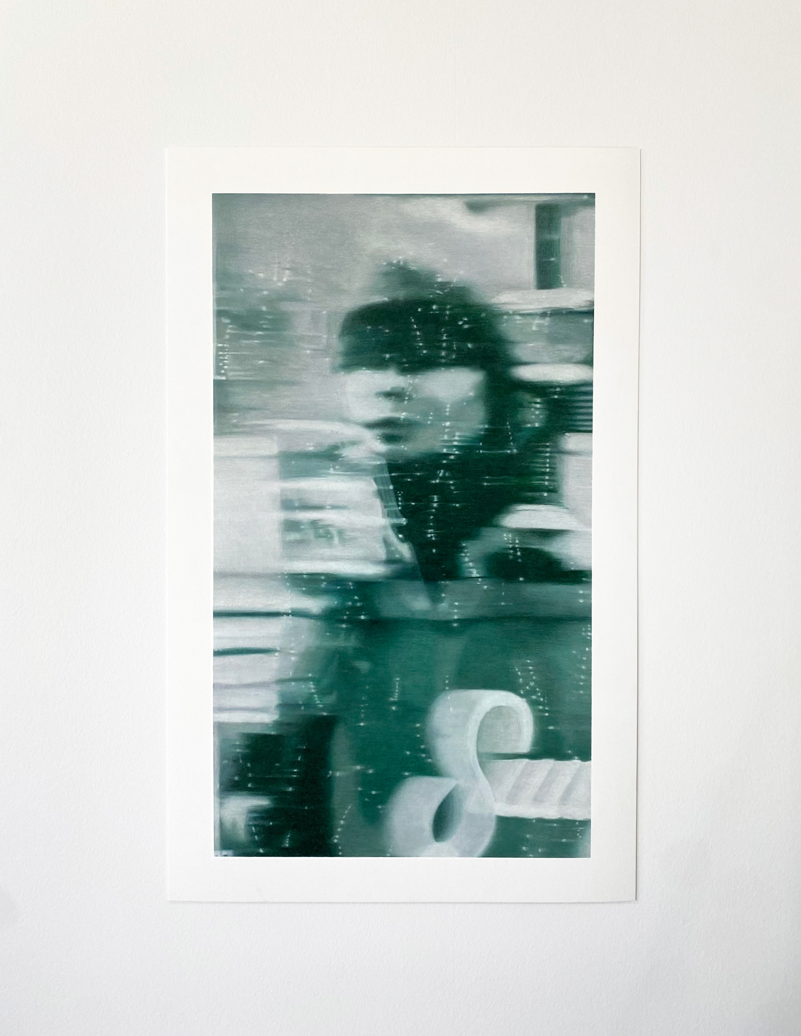 Realistic colored pencil drawing of a woman's reflection in a shop window on a rainy day, titled Annika02, by nlsorensen