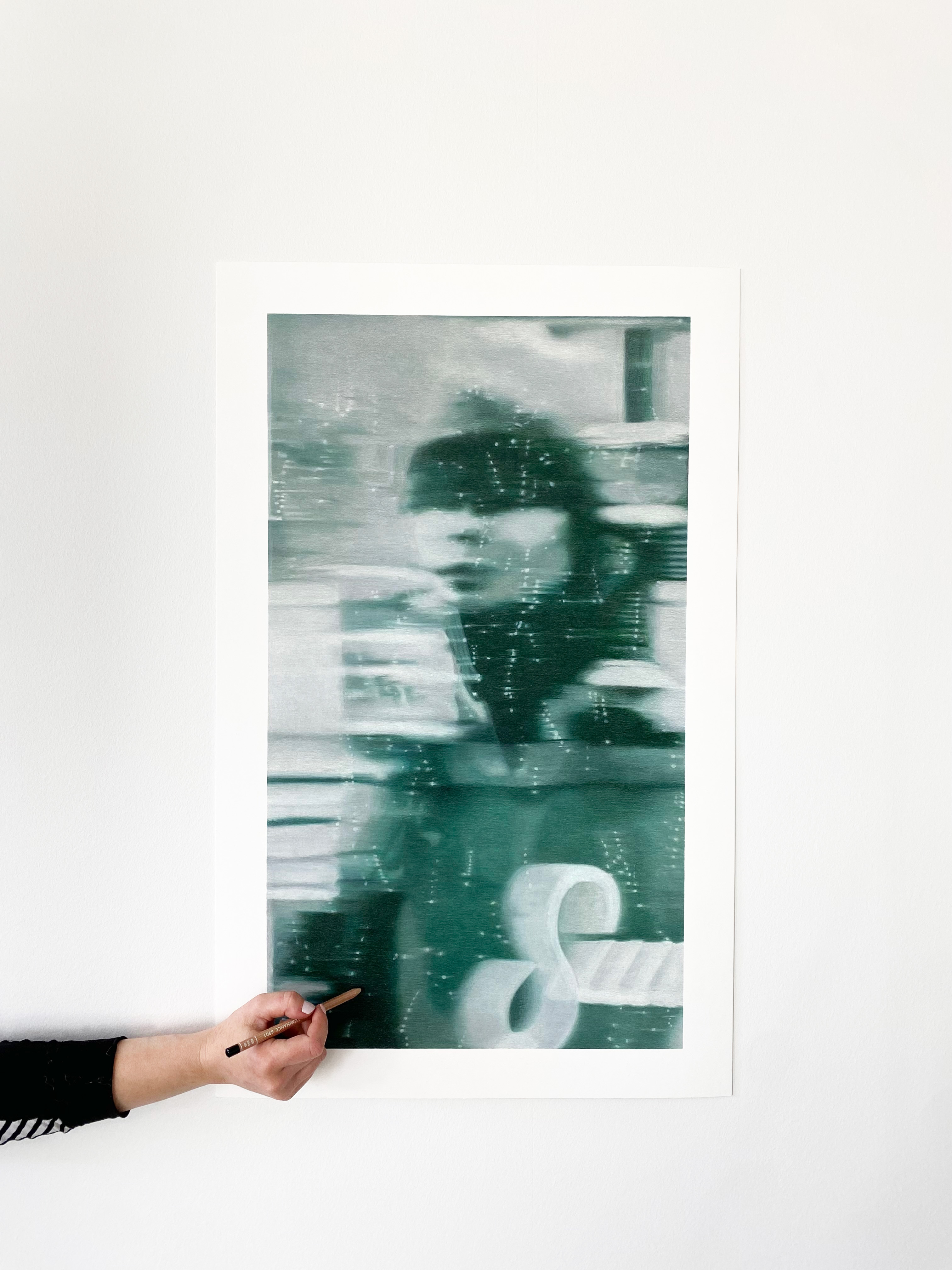 Realistic colored pencil drawing of a woman's reflection in a shop window on a rainy day, titled Annika02, by nlsorensen